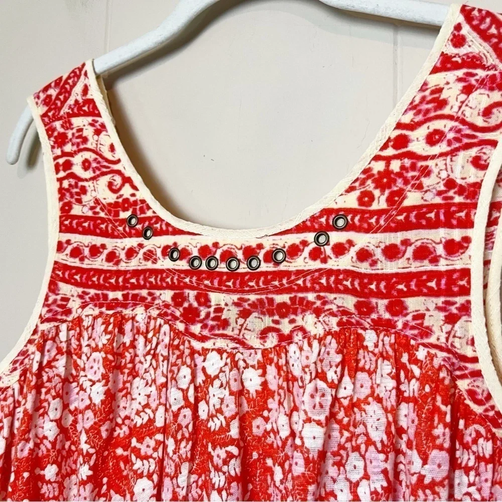 Free People Lucky Coin Sleeveless Top XS linen red floral tank blouse flowy boho